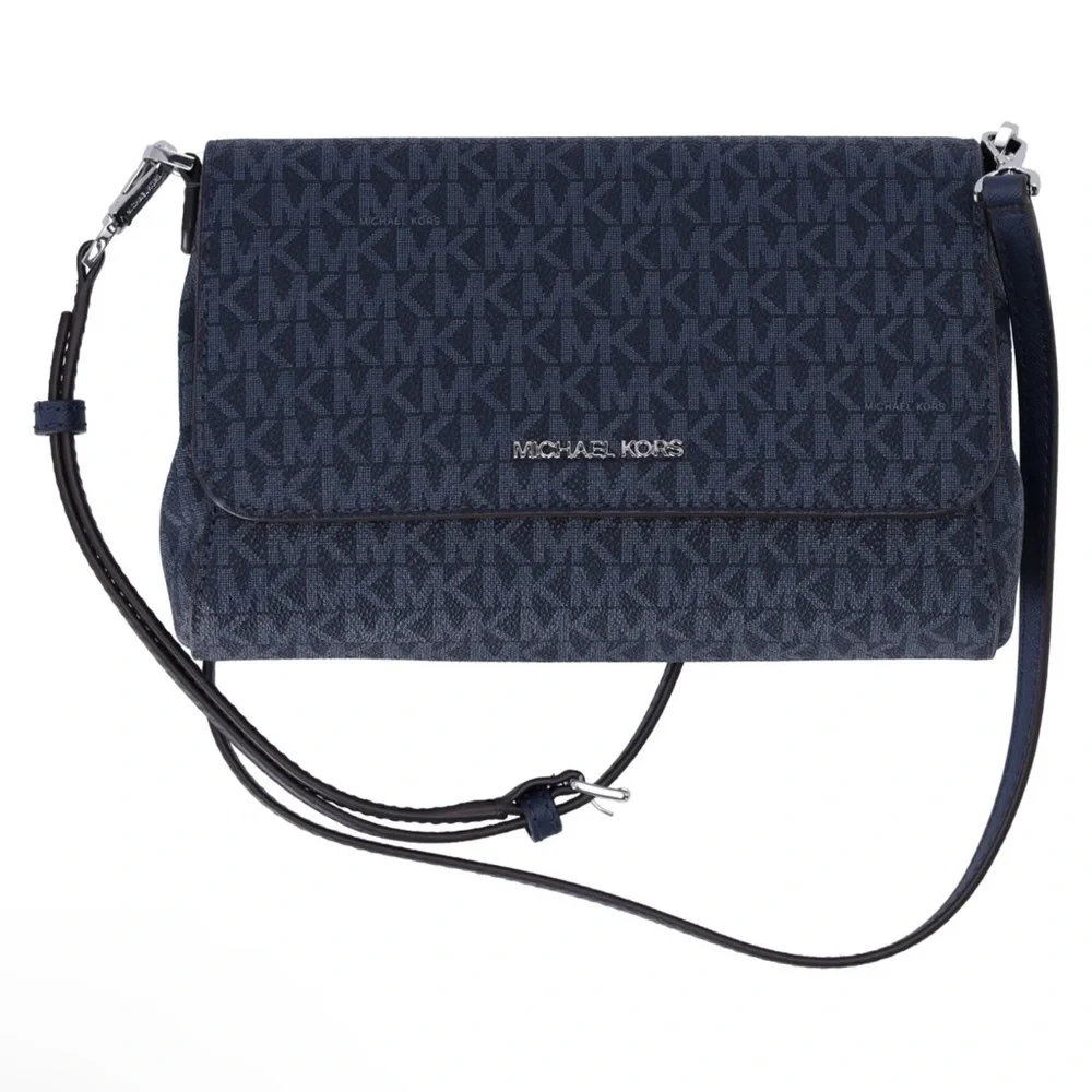 Michael Kors Jet Set Medium Convertible Pouchette Crossbody Navy MK Signature